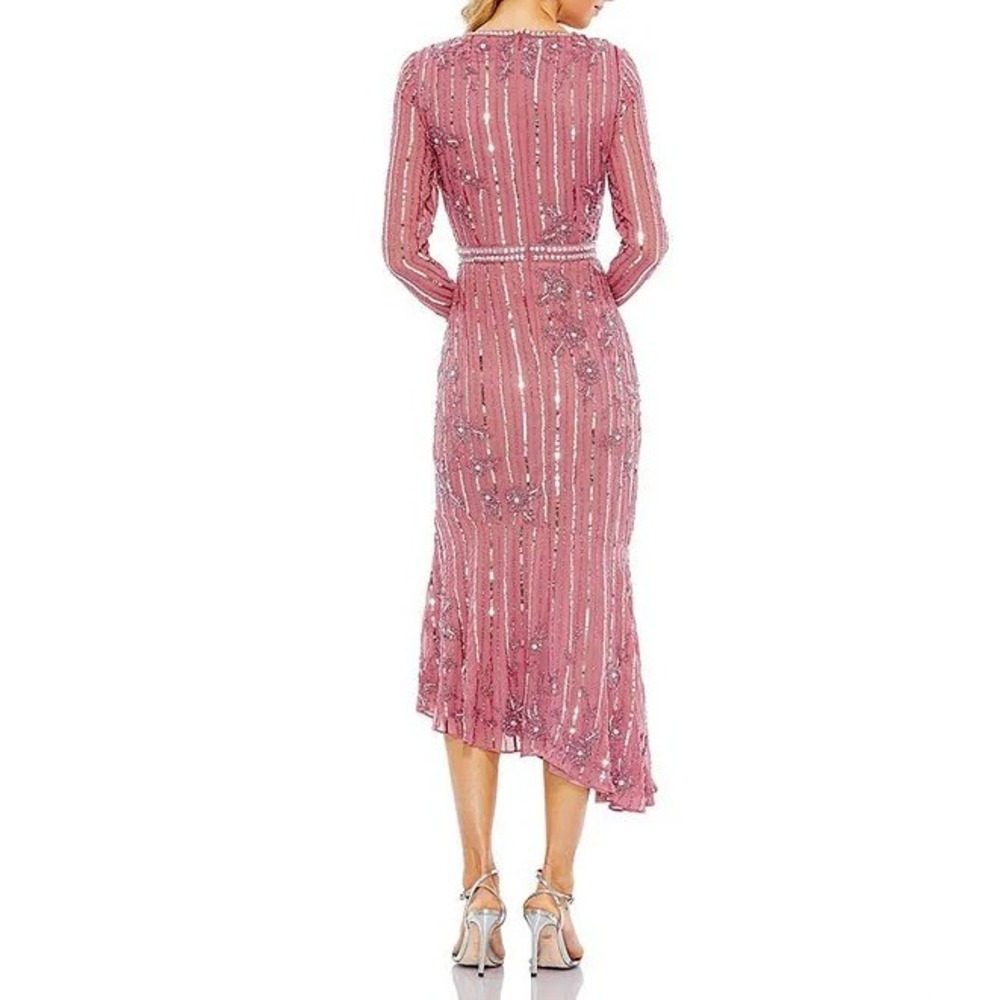 Mac Duggal 93627 Rose Pink Beaded Sequin Long Sleeve Tea‎ Length Dress Womens 24 - Picture 2 of 13